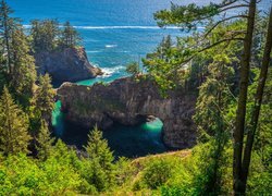 Skały, Most skalny, Drzewa, Morze, Punkt widokowy, Natural Bridges Viewpoint, Brookings, Oregon, Stany Zjednoczone