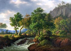 Malarstwo, Frederik Christian Kiaerskou, Góry, Rzeka, Drzewa, Skały