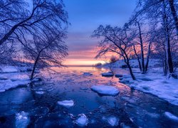 Zima, Rzeka, Drzewa, Wschód słońca, Finlandia