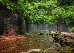 Japonia, Karuizawa, Shiraito Falls, Wodospady, Rzeka, Skała