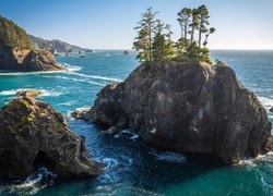 Stany Zjednoczone, Oregon, Morze, Skały, Drzewa, Wysepka, Wybrzeże, Park stanowy, Samuel H. Boardman State Scenic Corridor