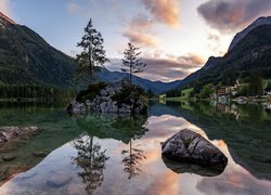 Drzewa na skałach w jeziorze Hintersee w Alpach