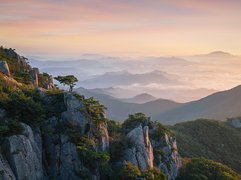 Park prowincjonalny Daedunsan, Góry, Wschód słońca, Drzewa, Skały, Prowincja Jeolla Północna, Korea Południowa