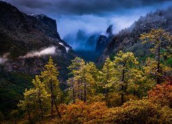 Park Narodowy Yosemite, Góry, Sierra Nevada, Las, Drzewa, Chmury, Stan Kalifornia, Stany Zjednoczone