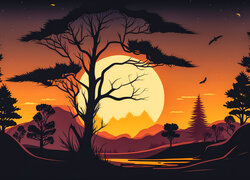 Góry, Drzewa, Ptaki, Zachód słońca, Grafika