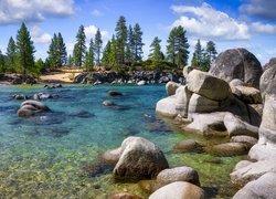 Jezioro, Tahoe Lake, Sand Harbor, Kamienie, Głazy, Drzewa, Nevada, Stany Zjednoczone