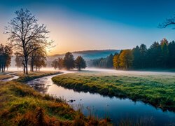 Góry, Las, Mgła, Pola, Rzeka, Poranek