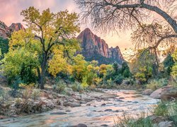 Park Narodowy Zion, Góry, Góra Watchman, Drzewa, Rzeka, Virgin River, Stan Utah, Stany Zjednoczone