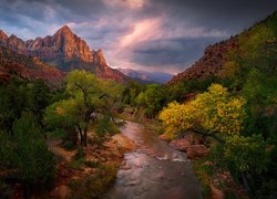 Góry, Góra Watchman, Rzeka, Rzeka Virgin River, Drzewa, Park Narodowy Zion, Utah, Stany Zjednoczone