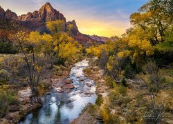 Góry, Góra Watchman, Rzeka, Virgin River, Drzewa, Park Narodowy Zion, Stan Utah, Stany Zjednoczone