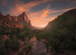 Park Narodowy Zion, Utah, Rzeka, Kamienie, Drzewa, Góra Watchman, Rzeka Virgin River, Skały, Zachód słońca, Stany Zjednoczone