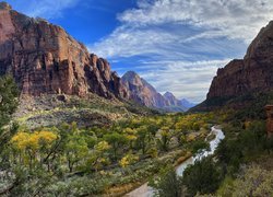 Góry, Rzeka, Virgin, Krzewy, Park Narodowy Zion, Utah, Stany Zjednoczone