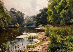 Obraz, Malarstwo, Peder Mork Monsted, Pejzaż, Rzeka, Drzewa, Roślinność
