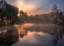 Staw Barski, Poranek, Wschód słońca, Mgła, Drzewa, Odbicie, Serednikowo, Obwód moskiewski, Rosja