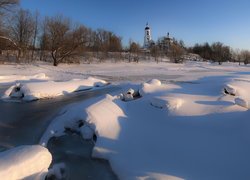 Zima, Zaśnieżona, Rzeka, Drzewa, Cerkiew