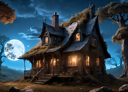 Magiczny, Dom, Drzewa, Noc, Księżyc, 2D
