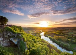 Francja, Rzeka Dordogne, Drzewa, Zachód słońca, Chmury