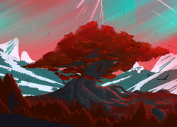 Drzewa w górach w kolorowej grafice