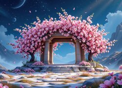 Drzewa z różowymi kwiatami obok budowli na tle gór i nieba