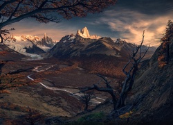 Drzewa z widokiem na szczyt Fitz Roy w pobliżu wioski El Chaltén na południu Patagonii