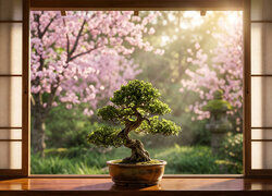 Drzewo, Bonsai, Parapet, Okno, Drzewko bonsai, Drzwi przesuwne, Kwiaty sakura, Ogród japoński, Rzeźba ogrodowa, Drzewo, Kwitnące drzewa
