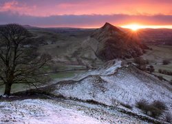 Park Narodowy Peak District, Drzewo, Ośnieżone, Wzgórze, Parkhouse Hill, Wschód słońca, Anglia