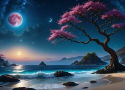Drzewo nad morzem w księżycowym blasku