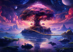 Drzewo, Wyspa, Jezioro, Góry, Niebo, Chmury, Planety, Gwiazdy, Grafika Fantasy