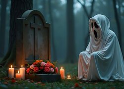 Duch, Nagrobek, Świece, Kwiaty, Grafika, Halloween