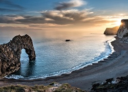 Anglia, Wybrzeże Jurajskie, Morze, Skały, Łuk wapienny, Durdle Door, Brzeg, Wschód słońca