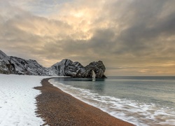 Anglia, Wybrzeże Jurajskie, Morze, Durdle Door, Skały, Zima,   Wybrzeże