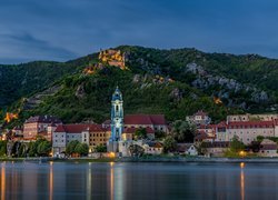 Góry, Rzeka Dunaj, Budowle, Domy, Drzewa, Kościół, Klasztor, Durnstein, Austria