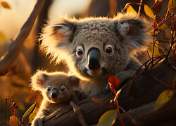 Koala, Mama, Dziecko, Konar, Drzewa, Gałązki