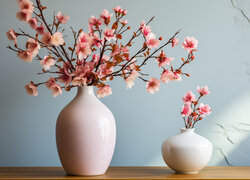 Duży i mały wazon z kwitnącymi gałązkami na stole