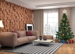 Duży salon z kanapą i świąteczną choinką