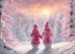 Dwa bałwanki ubrane w różowe kurtki i czapki