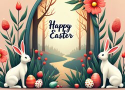 Grafika, Wielkanoc, Pisanki, Dwa, Zające, Czerwone, Kwiaty, Napis, Happy Easter