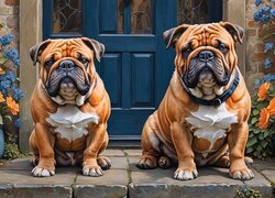 Dwa, Buldogi angielskie, Psy, Drzwi, Kwiaty