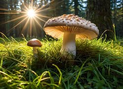 Dwa grzyby w trawie w promieniach słońca