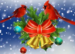 Boże Narodzenie, Ptaszki, Kardynały, Gałązki, Bombki, Grafika 2D