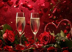 Dwa kieliszki z szampanem wśród czerwonych róż
