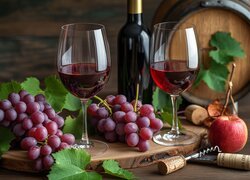 Kieliszki, Wino, Owoce, Winogrona, Jabłko, Grafika