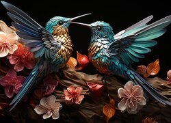 Grafika, Dwa, Ptaki, Kolibry, Kwiaty