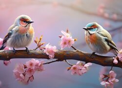 Dwa kolorowe ptaki na ukwieconej gałązce