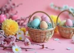 Wielkanoc, Kolorowe, Pisanki, Dwa, Koszyczki, Żółte, Białe, Różowe, Kwiaty