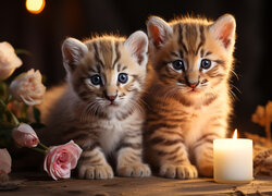 Dwa kotki obok świecy i kwiatów w grafice