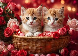 Dwa kotki w koszyku wśród róż