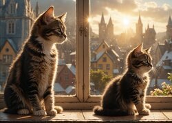 Dwa koty na parapecie okna