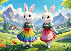 Dwa króliki w kolorowych spódnicach na ukwieconej łące