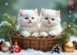 Dwa małe białe kotki w wiklinowym koszyku oraz bombki i szyszki na śniegu
